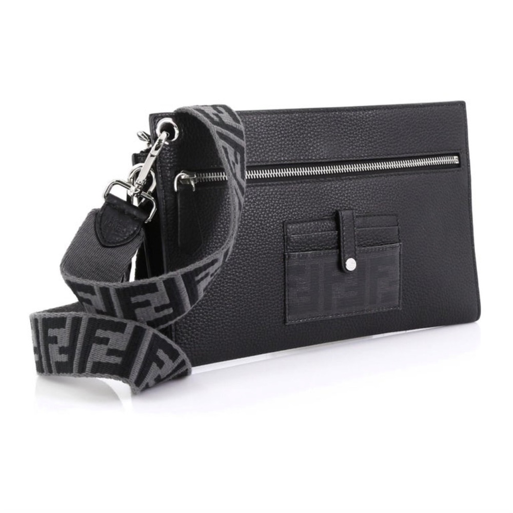 Authentic Fendi Flat Pouch Crossbody Bag Leather Medium
